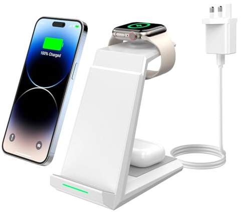 Wireless Charger 3 in 1 - ADADPU 15W Fast Charging Station for Apple iWatch Series 10/9/8/7/6/SE/5/4/3/2 Charger Stand for Multiple Devices iPhone 16/15/14/13/12/11 Pro Max/XS/XR/X/8 Airpods Pro-White