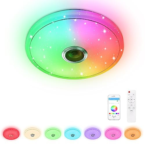 XMTECH 36W LED Deckenleuchte Dimmbar mit Bluetooth Lautsprecher, mit Fernbedienung oder APP-Steuerung, Sternenhimmel Ø30CM, Musik RGB Hintergrundbeleuchtung Farbwechsel für Wohnzimmer Kinderzimmer