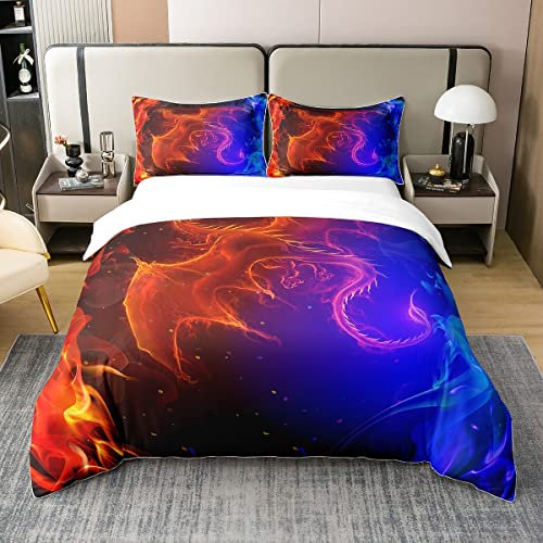 Dragon 100% Waschte Baumwolle Bettbezug 155x220 Nebula Bettwäsche Set Mysteriöse Außenraum Tröster Bezug Trippy Steppdeckenbezug für Kinder Jungen Mädchen Teens Zimmer Dekorativ,Blau Rot