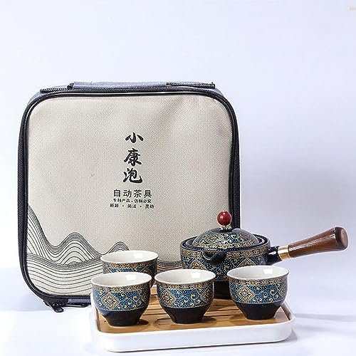 Scizorito Keramik Portable Travel Tee Set, chinesischer Kungfu Tee Set mit 360-Rotation Teekanne und Infuser, 4-Teetassen, Tee Tablett und Reisetasche (Schwarz Gemustert)