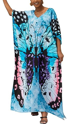 LikeJump Damen Baumwolle Stickerei Übergröße Strandkleider Lang Kimono Badeanzug Cover Ups
