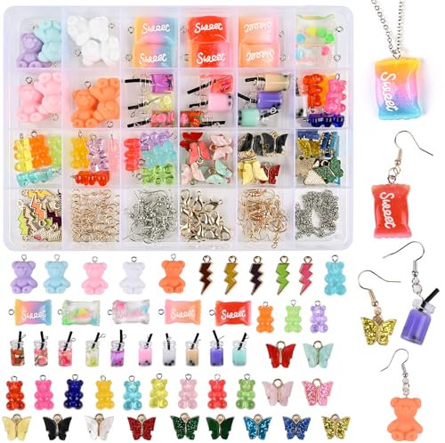 Victse Charms Anhänger Set, Schmuck Selber Machen Set für Halskette, Charms Schmetterling Bubble Tea Anhänger Schlüsselanhänger Gummibärchen Ohrringe DIY Geschenk Coole Sachen für Teenager Mädchen