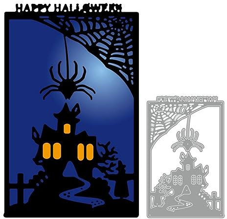 LZBRDY Rechteckiger Rahmen Happy Halloween Spinne Spinnennetz Schloss Vogelscheuche Prägung Metall Stanzformen für Kartenherstellung Scrapbooking Halloween Weihnachten Handwerk Stanzschablone