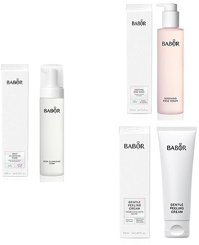 BABOR Reinigungsroutine, Cleansing Foam für Mischhaut und ölige Haut, 200 ml + Cleansing Rose Toner, beruhigendes Gesichtswasser für jede Haut, 200 ml + Gentle Peeling Cream für jede Haut, 1 x 50 ml