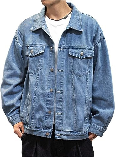 L9WEI Veste en jean pour homme, couleur unie, revers de mi-saison, veste en denim, automne, manches longues, veste de loisirs, mode streetwear, bleu foncé, XXXL