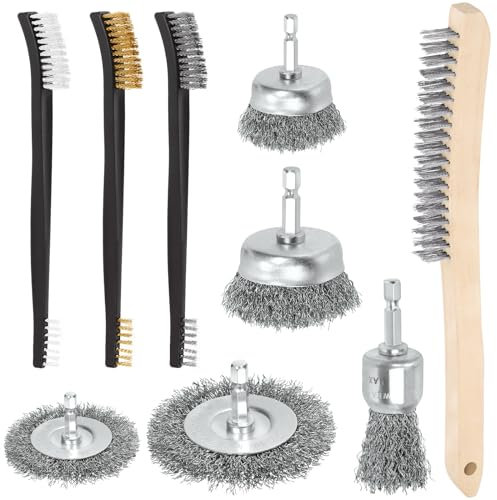 Keadic 9Pcs Wire Brush Set, Wire Wheel Brush Cup Drill Attachment with 1/4 Inch Hex Shank, Large & Small Stainless Steel/Brass Bristles with Curved Handle for Stripping, Welding, Cleaning Rust