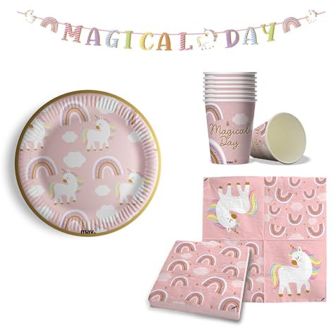 Maverick Kit Completo 53 pezzi per Feste di compleanno tema unicorno. 16 piatti piccoli 16 bicchieri 20 tovaglioli e festone con scritta di compleanno