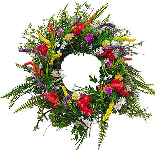 Corona, corona di fiori selvatici estivi, corone primaverili decorative, attraente corona di porte artificiali, corona di foglie verdi durevoli, corone di fiori misti polivale