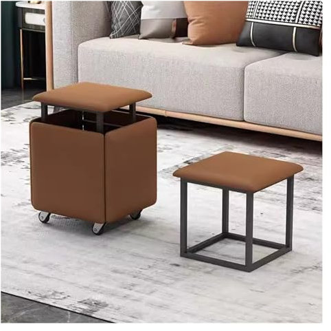 WIGSELBL 5-in-1-Sofa-Hocker, stapelbar, stapelbar, Ottomane, Fußstütze mit Drehrollen, multifunktionaler Make-up-Hocker, Leder-Sitzwürfel, Fußhocker mit Rädern (Farbe: Braun)
