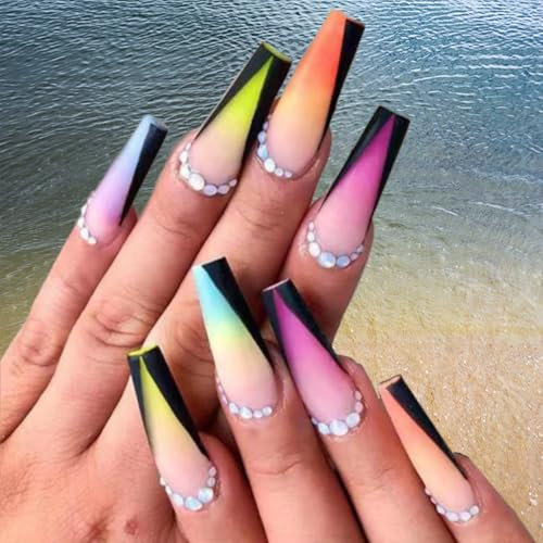 HaoTrade 24Pcs French Press on Nails Long - Full Cover Coffin False Nails - Stick on Nails for Women Salons Girls Gift