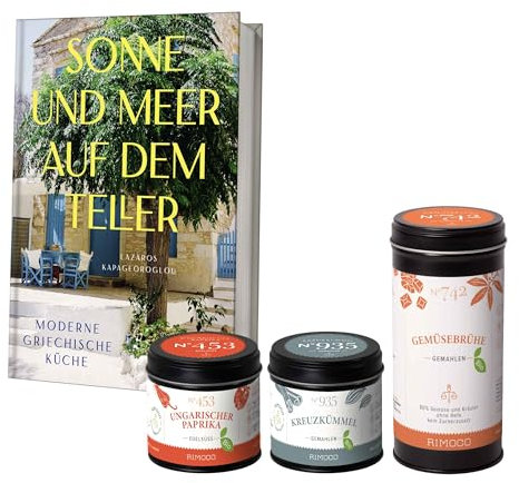 Rimoco Gewürze Geschenkset aus 3 Bio Gewürzen + das Kochbuch Sonne und Meer auf dem Teller - Gewürze Set bestehend aus Bio Paprikapulver edelsüss 70g, Bio Gemüsebrühe 200g und Bio Kreuzkümmel 60g