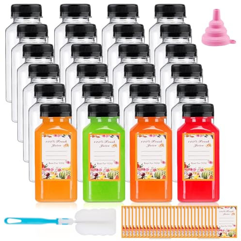 Bottiglie di Succo di Plastica, 24 Pezzi Mini Bottiglia Plastica Riutilizzabile 180ml, Bottiglie Sensoriali Viene Fornito con Imbuto, Spazzola ed Etichette per Bevande di Succo Fatte in Casa