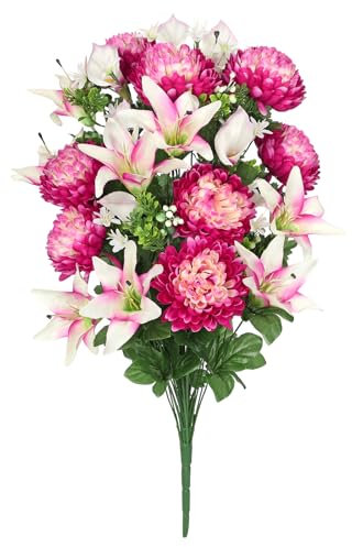 Arborus Bouquet di fiori di crisantemo artificiali misti, 65 x 37 cm, rosa, bianco, magenta, viola, verde, resistente ai raggi UV e all'umidità, fiori del cimitero, bouquet di fiori, 1 confezione