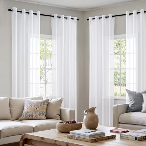 MIULEE Voile Vorhang mit Ösen transparent 140x175 cm 4er Set Weiß | Transparente leichte Voile Gardine als Ösenschal für Wohnzimmer und Schlafzimmer, lichtdurchlässig, luftig, dekorativ