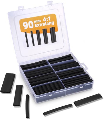 LEAZZLE 100 Pezzi Kit Guaina Termorestringente, 90mm Extra Lunga, 4:1 Tubo Termorestringente Impermeabile, Guaine Termorestringenti per Cavi Elettrici,Tubo a Doppia Parete con Adesivo(5 Misure, Nera)