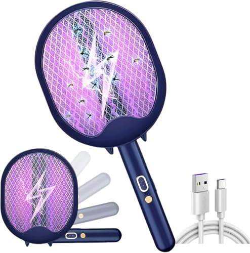 Elektrische Fliegenklatsche, 3 in 1 Faltbar Elektro Fliegenfänger Insektenvernichter, Elektro Mückenklatsche mit UV Lichtfalle und USB Akku Aufladbar