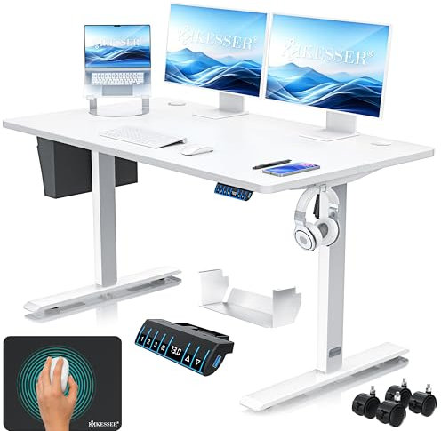 KESSER® Höhenverstellbarer Schreibtisch elektrisch 140cm x 70cm | Ergonomisch Steh-Sitz Schreibtisch | 3-Funktions-Memory Steuerung | Inkl. 360° Rollen & USB-Ladeanschluss Computertisch für Homeoffice