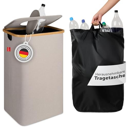 Blumtal Pflandflaschen Sammelbehälter 100L - Bambus Pfandflaschen Organizer mit Pfandflaschen Tasche - Pfandflaschen Behälter - Leergut Sammelbehälter mit Loch - Pfandflaschen Aufbewahrung in Beige