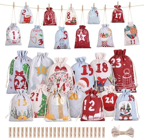 Naler Adventskalender zum Befüllen 24 Stück Adventskalender Säckchen Stoff 2 Größen von Adventskalender Tüten Weihnachtskalender Selbst Befüllen