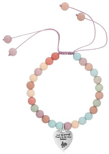 Mikovivi Perlenarmband, Stilvolle Armbänder mit Inspirierendem Zitat und Herzförmigem Anhänger Just Be Yourself Armband Schmuckgeschenke für Frauen Freunde und Fans (Silberanhänger)