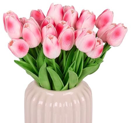 Relaxdays künstliche Tulpen, 24 Kunstblumen wie echt, dekorative Kunsttulpen aus Kunststoff, ca. 33,5 cm lang rosa/grün