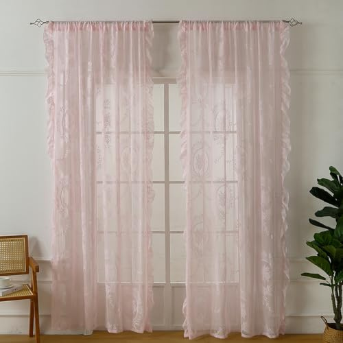 Transparent Vorhang Französische Spitze Barock Rosemuster Spitzengardinen | Gardinen Spitze Vintage Durchsichtig Spitzenvorhang Dekovorhang für Schlafzimmer Wohnzimmer 2 Stück Rosa 140x200