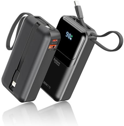 Power Bank 30W, 10000mah Bateria Externa Carga Rapida con 4 Salidas, USB C Cargador Portátil Cable Integrados, Powerbank Compatible con iPhone 16 15 14 13 12 Serie Samsung Galaxy MacBook iPad