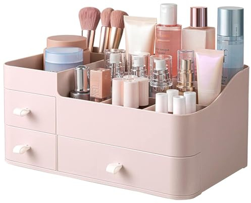 Suyoo Makeup Organiser for Vanity, Large Capacity Desk Organizer with Drawers for Cosmetics, Lipsticks, Jewelry, Nail Care, Skincare, Ideal for Bedroom and Bathroom Countertops (Pink)