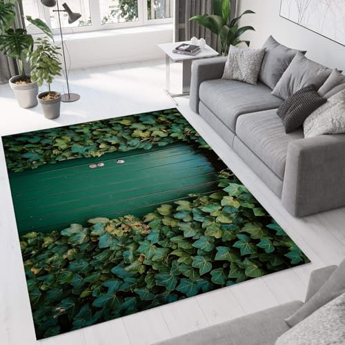 MIATCENRT Waschbarer Teppich Wohnzimmer 140 x 200cm, Efeu Holztür Teppiche Schlafzimmer Vintage Kurzflor Teppich, Groß Weiche Teppiche für Schlafzimmer rutschfest Flauschiger Brücke