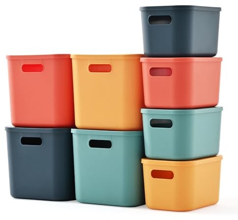 HapiLeap Storage Boxes With Lids, Stackable Plastic Storage Baskets for Shelves Kitchen Bathroom Playroom Classroom Office Nursery (4 Large + 4 Small)