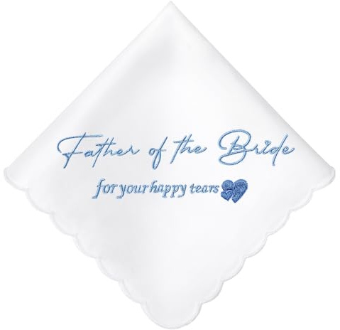 HOULIFE Embroidered Wedding Handkerchief White Cotton Handkerchiefs Something Blue Handkerchief for Bride Groom Mother Dad Wedding Anniversary Gift, Father of the Bride, M