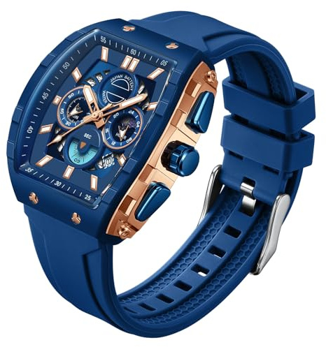 findtime Men Watch Chronograph Analogue Sport Waterproof Running Stopwatch Tonneau Watches for Men Luminous Moon Phase Display Quartz Wrist Watch