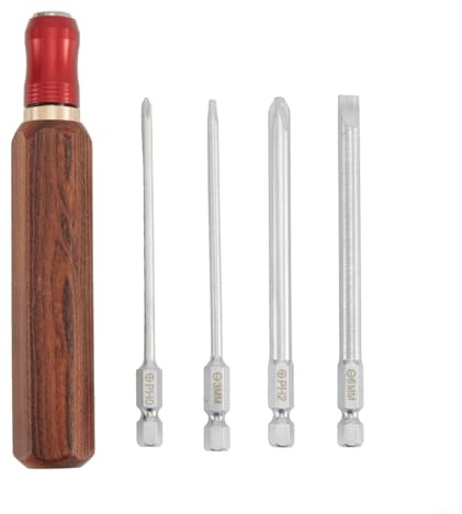 Gdfnmogo Schnellwechsel-Schraubendreher-Set mit Holzgriff und austauschbarem PH2 PH0 Kreuz und 6 mm 3 mm Schlitz-Bits, langlebige Metall- und Holzkonstruktion für Heimwerker (A)