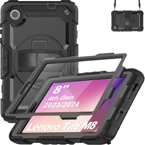 KEEPPOP für Lenovo Tab M8 Hülle 4th Gen (2023/2024), 360° Drehbarer Ständer und Handschlaufe, Schultergurt, Stifthalter (Black)