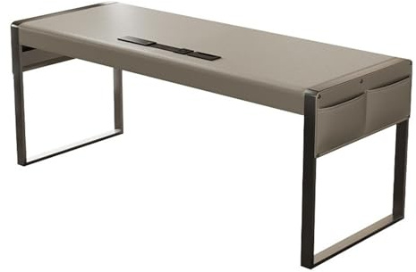 ZENGXJYCQINGJIANG Gaming Desk Modern Home Office Desk with Drawers, Saddle Leather Finish Writing Workstation with Charging Outlets, Beige(S)