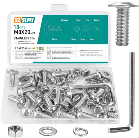 18 Set M8 Bolts Set, M8 x 20mm Flanged Button Head Screws, and Nuts Set, 304 Stainless Steel Allen Socket Bolts and Nuts Set, with 1 Hex Spanner Wrench