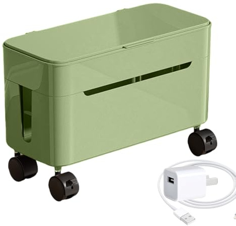 Cord Management Box - Wheeled Cable Organizer, Multi-Port Wire Storage, Hidden Charger Station for Gaming Setup TV Stand Computer Desk, Tech Organizer, 12.8x6.1x6.89 Inches