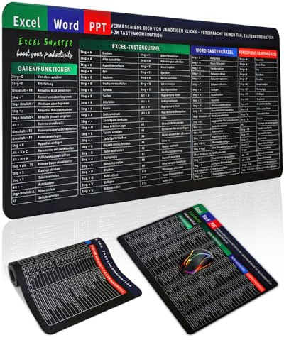 Excel Schreibtischunterlage mit Tastenkürzeln für Büro, Rutschfest 80×30 cm | Wasserdicht, vernähte Kanten, Word-, Outlook-, PowerPoint- & Windows-Shortcuts, Naturkautschuk, Gaming & Homeoffice