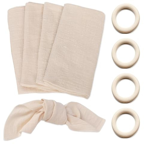 GIONAR 4 PCS Linen Napkins, Reusable Cotton Cloth Napkins, 42x42cm Fabric Table Napkins for Adults & Weddings, Cocktail Parties, Birthday Celebrations with 4 PCS 4.5 Cm wooden Rings