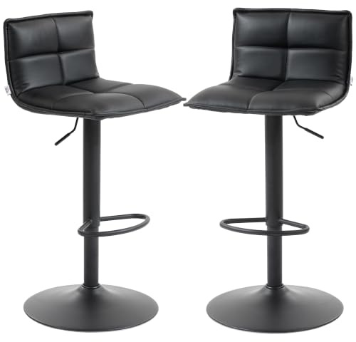 HOMCOM Lot de 2 Tabourets de Bar, Chaises à Assise Pivotante PU, Noir | Réglable en Hauteur, Large Dossier, Repose-Pieds, Chaise Haute, Cuisine, Salle à Manger, Comptoir
