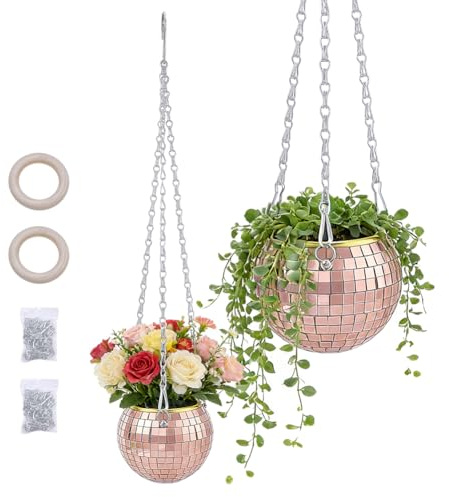 WADORN 2 Pièces Jardinière Suspendue Boule Disco, Jardinière Décorative Boule Miroir avec Chaînes Petite Suspendue Boule Disco pour Plantes Cadeau Boho pour Passionnés de Plantes, Saumon Foncé