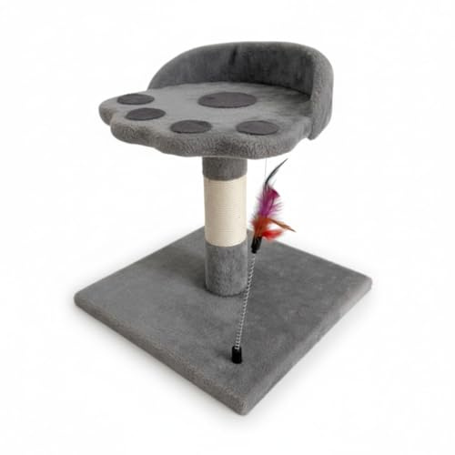 COTTECOTA Árbol Rascador para Gatos, Gris, Sisal, 35 x 35 x 46 cm, Forma de Huella, Juguete de Plumas con Resorte