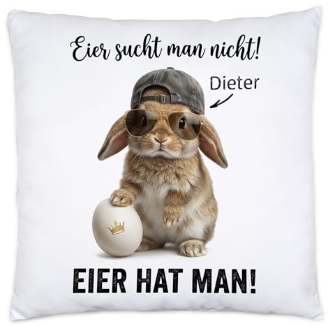 Kiddle-Design Kissen mit Spruch Eier sucht man Nicht Eier hat man, lustiges Hasen Motiv mit Mütze, personalisiert für Männer, Geschenk Geburtstag Weihnachten
