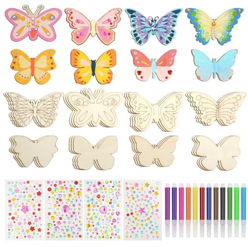 AOOTE Schmetterling Holztiere Bastelset, 40 Stück Holz Bastelsets | mit 24 Stück Schmetterling, DIY Kreativsets mit 4 Stück Edelsteinaufkleber e 12 Stück Aquarellstift, zum Bemalen und Basteln