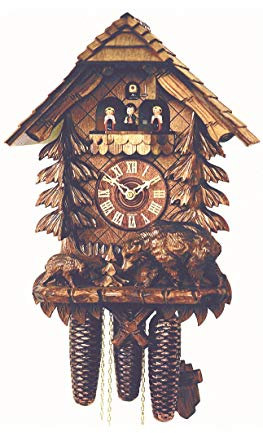 Rombach und Haas Klassische Kuckucksuhr Naturholz dunkel Bären im Wald mit Musik 8-Tagewerk 45 cm