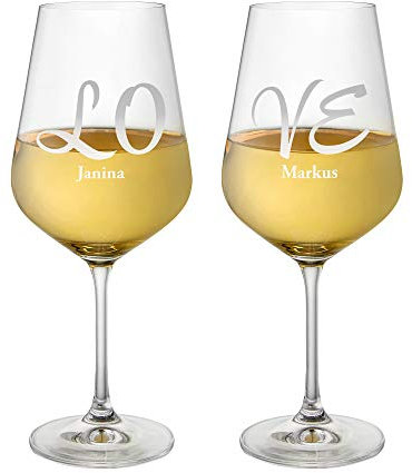 AMAVEL Set 2 Calici da Vino Bianco con Incisione Elegante Love Personalizzata con Nomi, Bicchieri in Vetro, Regali Romantici per Coppie, ca. 644 ml