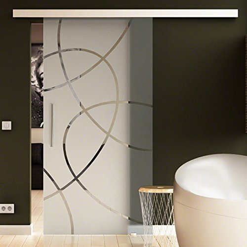 LEVIDOR® Schiebetür aus Glas komplett mit Laufschiene & Stangengriff & Glas Ellipsen-Design - (E) - LEVIDOR ® BASIC Beschlag, 1025 x 2050 mm Glasschiebetür alles Made in Germany