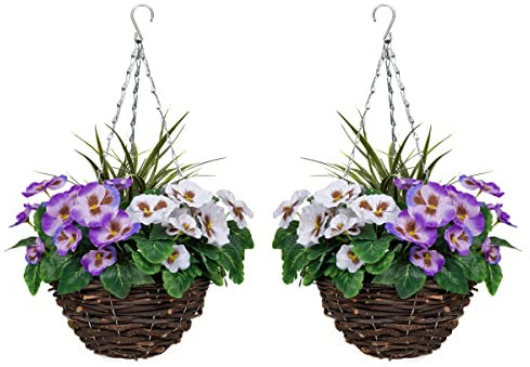 2 x Artificial Hanging Baskets with Purple and White Flowers and Decorative Grasses (Set of 2)