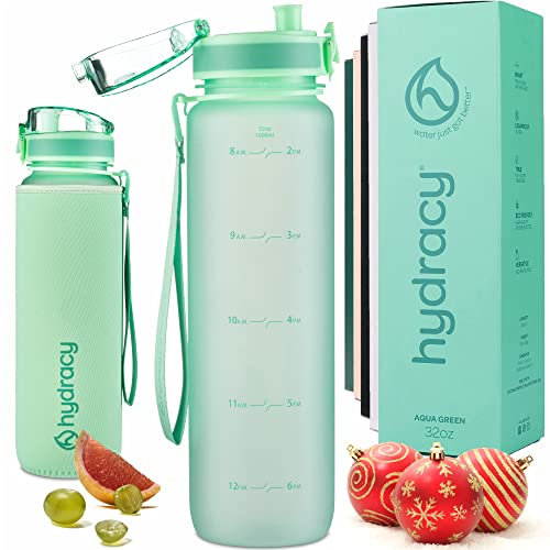 Hydracy Water Bottle with Time Marker -Large 1 Litre BPA Free Water Bottle & No Sweat Sleeve -Leak Proof Gym Bottle with Fruit Infuser Strainer & Times to Drink -Ideal for Fitness Sport & Outdoor
