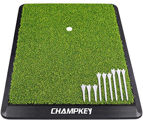 Champkey Premium Turf Golf Hitting Mat (9 Golf Tees & 1 Rubber Tee) - Heavy Duty Rubber Base 16mm Lawn Practice Mat Perfect for Indoor and Outdoor (Green, 8, 17)